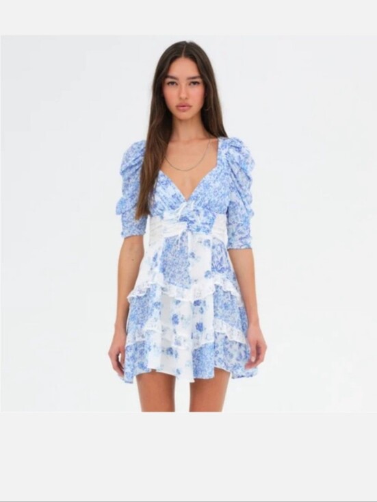 For Love And Lemons Dresses & Skirts - For Love & Lemons Rosalyn Blue Floral Layered Backless Dress XS